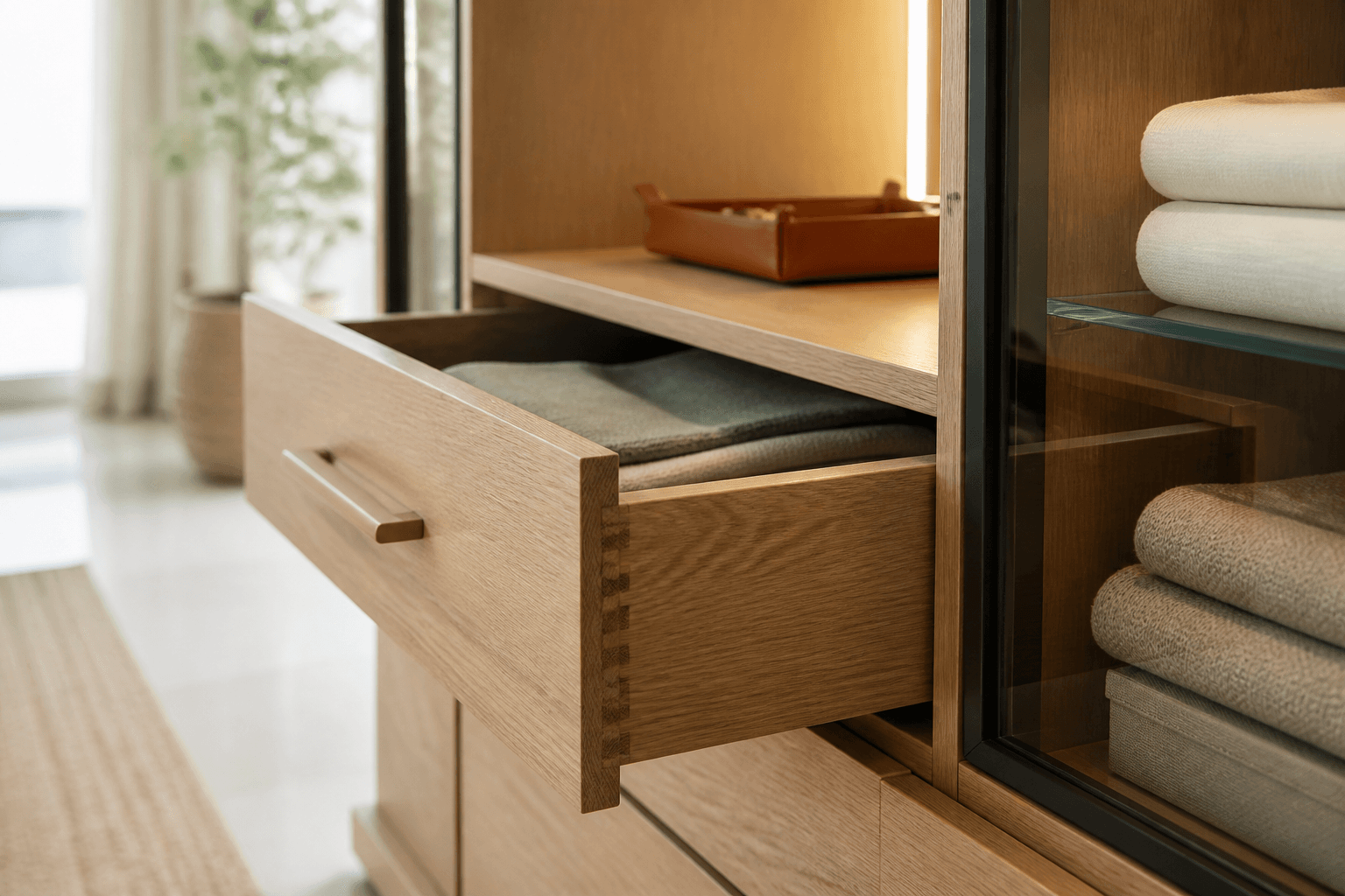 Premium oak drawer and brushed bronze closet details