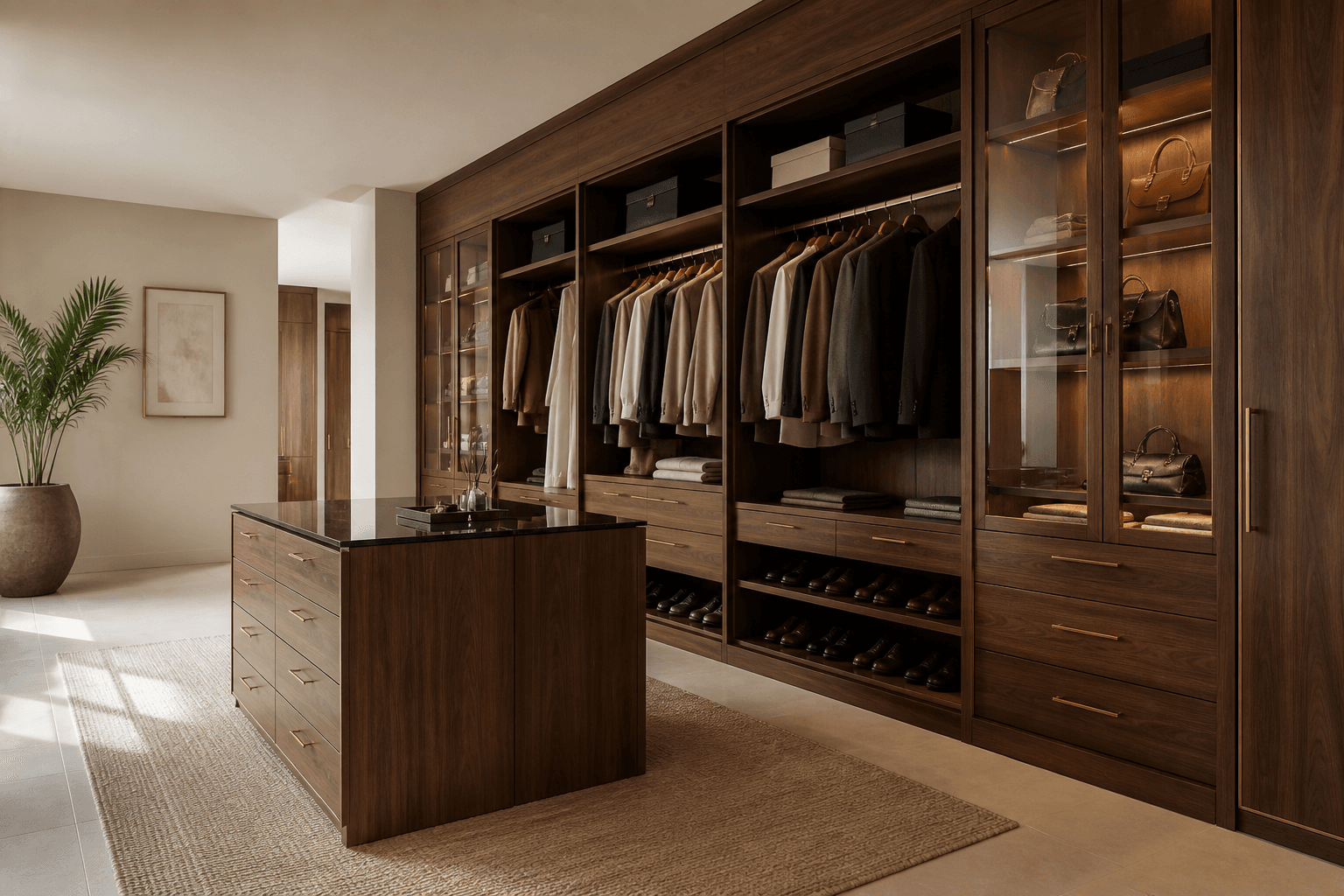 Warm walnut walk-in closet concept